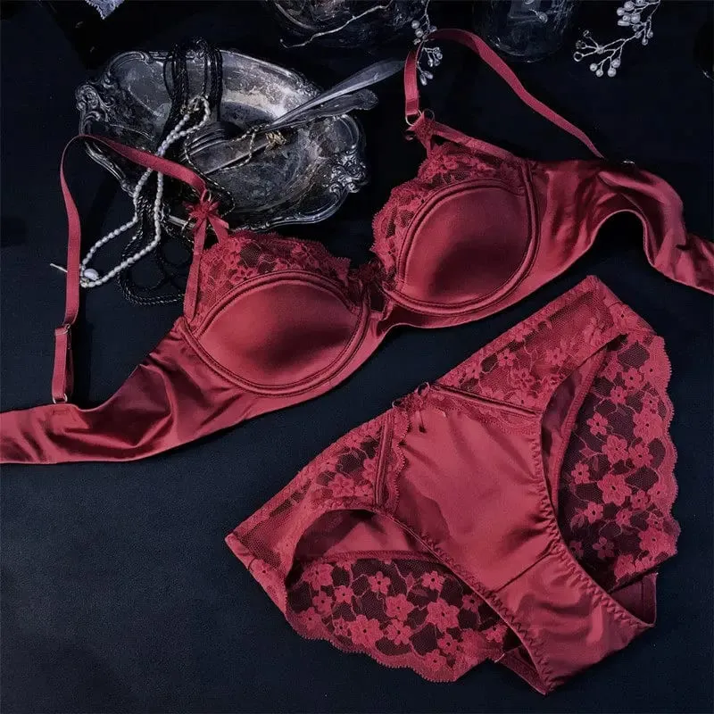 Ropa interior de encaje de media Copa de satén Premium francés para mujer, Conjunto de sujetador brillante con soporte superior fino y Sexy, conjunto de pechos grandes pequeños 32-38