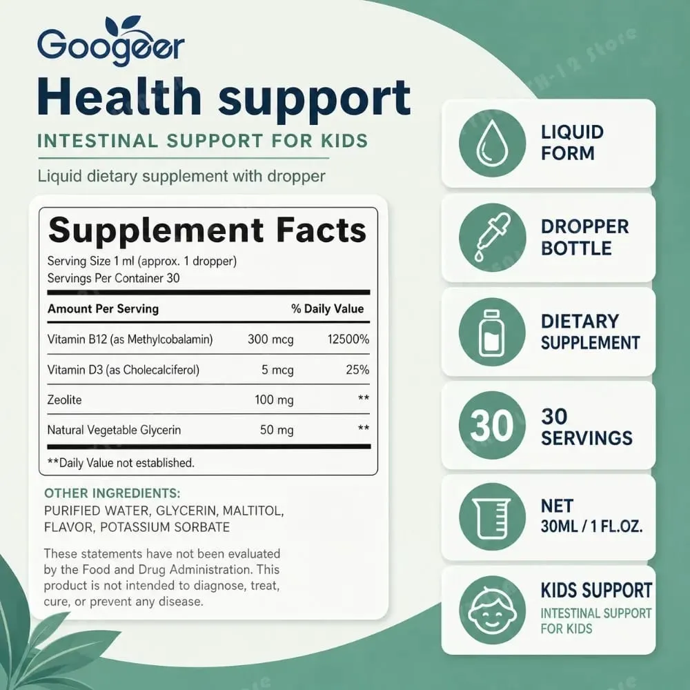 Googeer Kids Gut Health Drops Zeolite Vitamin B12 300mcg Methylcobalamin D3 Gentle Detox Immune Support 30 Servings 30ml