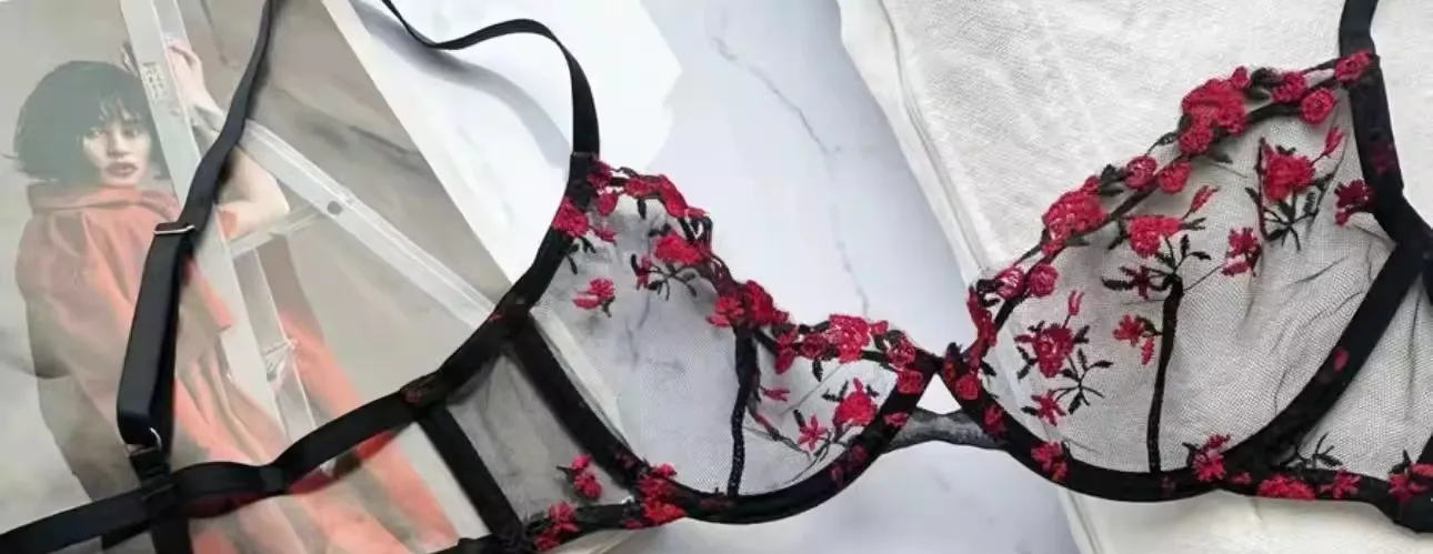 French Floral Bra Set Women | Sweet Sexy Sheer Mesh Lace Transparent Underwear Set | Practical & Feminine MOYISU Sexy Panty Set