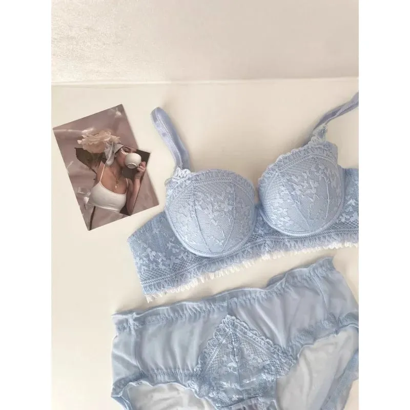 Hot French Pure Lace Lingerie Set Women Wireless Push Up Bra Small Breast Gathered Plus Size Comfort Party Nightwear Hot Trend