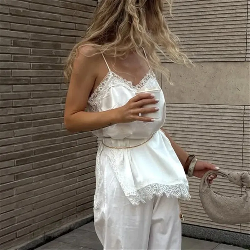 hirigin Lace Trim Satin Cami Tank Tops for Women Spaghetti Strap Sexy V Neck Silk Camisole Going Out Party Club Shirts