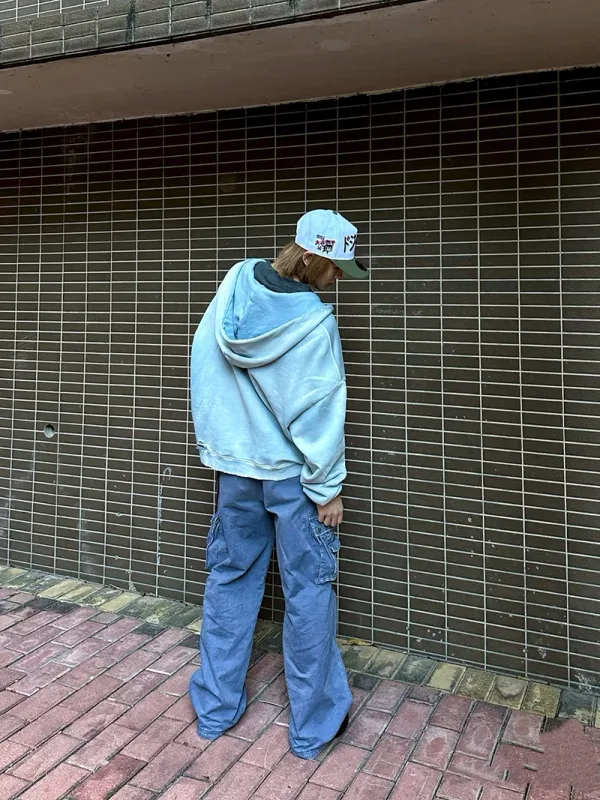 Light Blue PALY Letter Crystal Hoodie Ripped Washed Fashion Patch High Street Casual Men Women 1:1 Zipper Sweatshirts