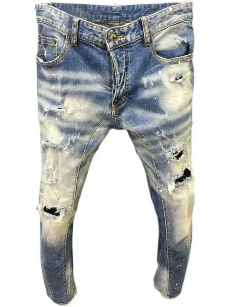 New Men's Ripped Jeans Distressed Elastic Slim Pencil Fit Denim Pants Paint Splatter Streetwear Y2K High Street Biker Trousers