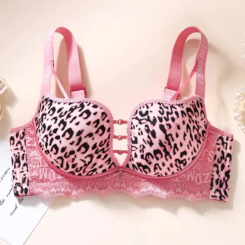 plus Size Thin Wireless Minimizer Bra Leopard Print Gather Anti-Sagging Comfort Lingerie for Big Bust Women