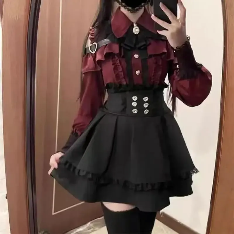 Sweet Lolita Style Lace Pearl Cute Print Shirt Dresses Japanese Kawaii Bow Dress Set Gothic Y2k Tea Party Women Dress 2025 New