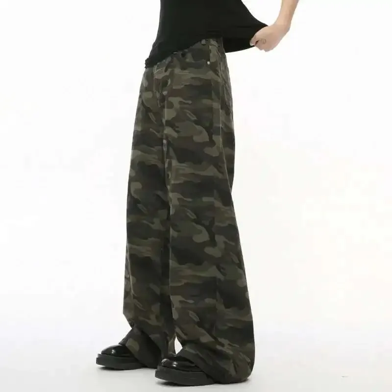 Vintage Camouflage Men's Jeans Fashion Washed Casual Wide Leg Denim Pants Autumn Winter Loose Male Trousers Old Blue 9C354