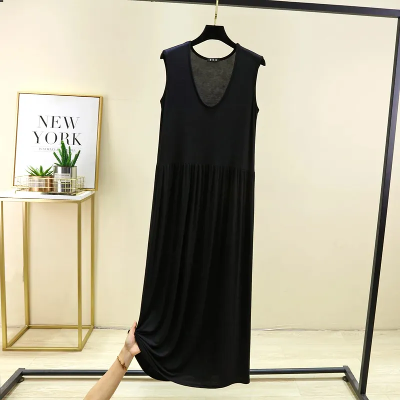Plus Size L bis 6XL Damenkleid Modal Ärmelloses Tankkleid Plissiertes Schlafkleid Mittellange Taillenschlankungskleider Lockere Homewear — image 10
