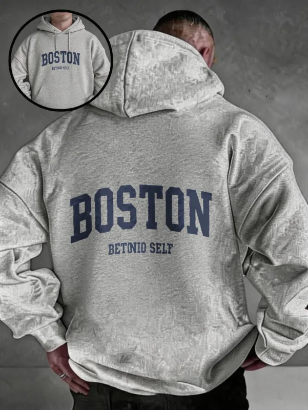 Oversized colorful hoodie, streetwear-style pullover, Boston Betonio back-print design, unisex casual wear, plus size.