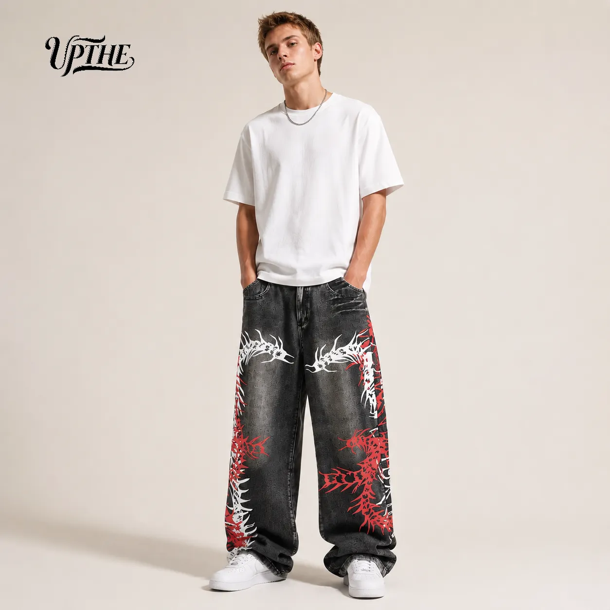 UP.THE Men Baggy Wide Leg Jeans Vintage Washed Black Gray Denim Pants Y2K Oversized Loose Centipede Skeleton Print Streetwear Jeans for Daily Casual Hip Hop Outfits