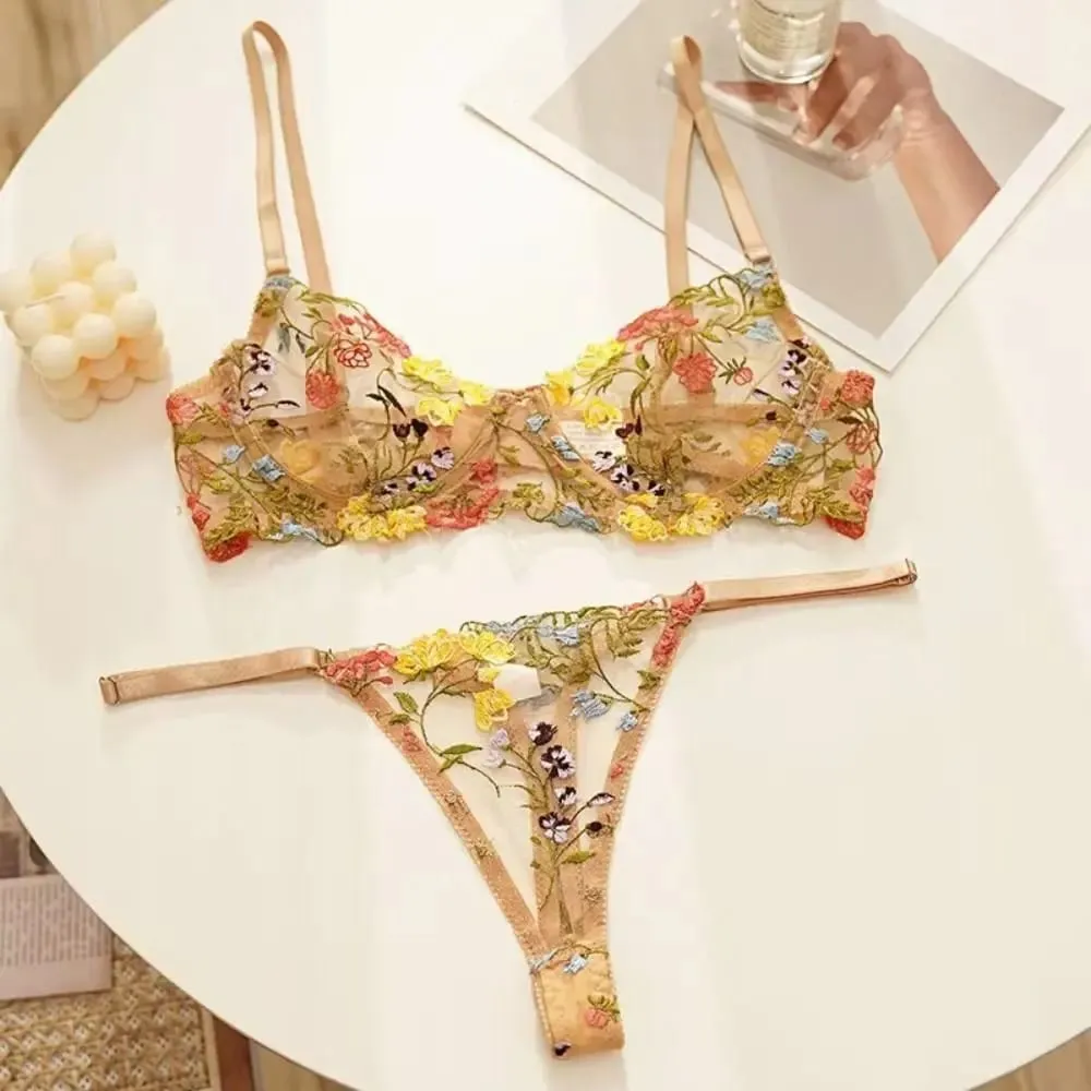 Versatile Transparent Lingerie Set Ultra-thin Push Up Embroidery Floral Underwear Elegant Panties Bra Set Valentine's Day