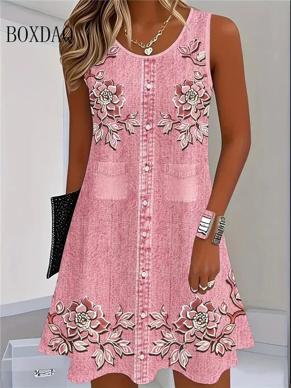 2025 Women Summer Sleeveless Bohemian Dress Fashion Imitate Cowboy Vest Flowers Print Dress Casual Tank Beach Dresses For Women