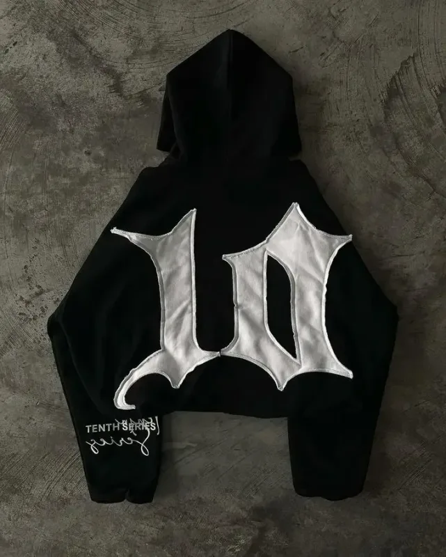 Black Gothic Zip Up Hoodies Retro Hip Hop Graphic Patchwork Hoodie Y2k Men Women Punk Patch Harajuku Jacket Clothing