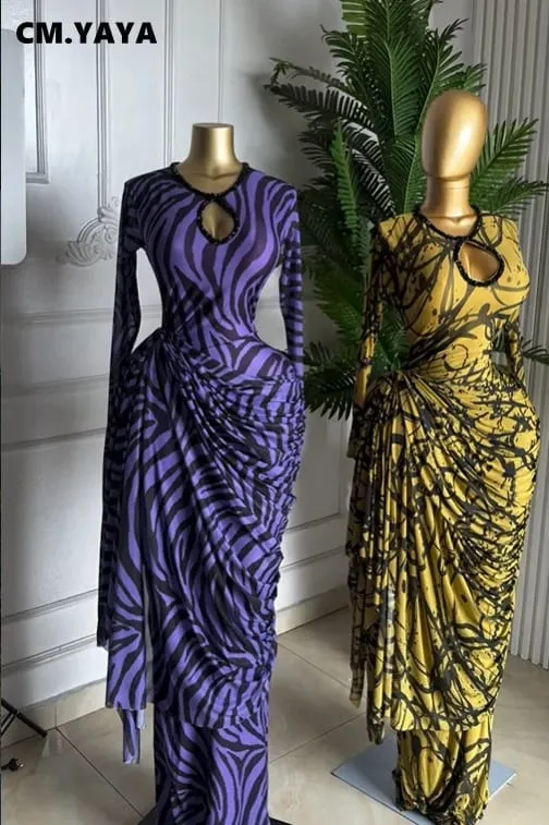 CM.YAYA Women Striped Print Ribbon Ruched Long Sleeve Bodycon Maxi Long Dress 2026 Sexy Birthday Party Education Trendy Dresses — image 6