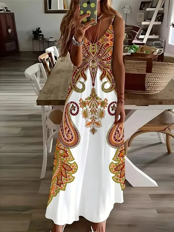 2024 vestido de tirantes con cuello en V estampado de nueva flor transfronteriza con estilo de vacaciones bohemio exótico estilo largo elegante