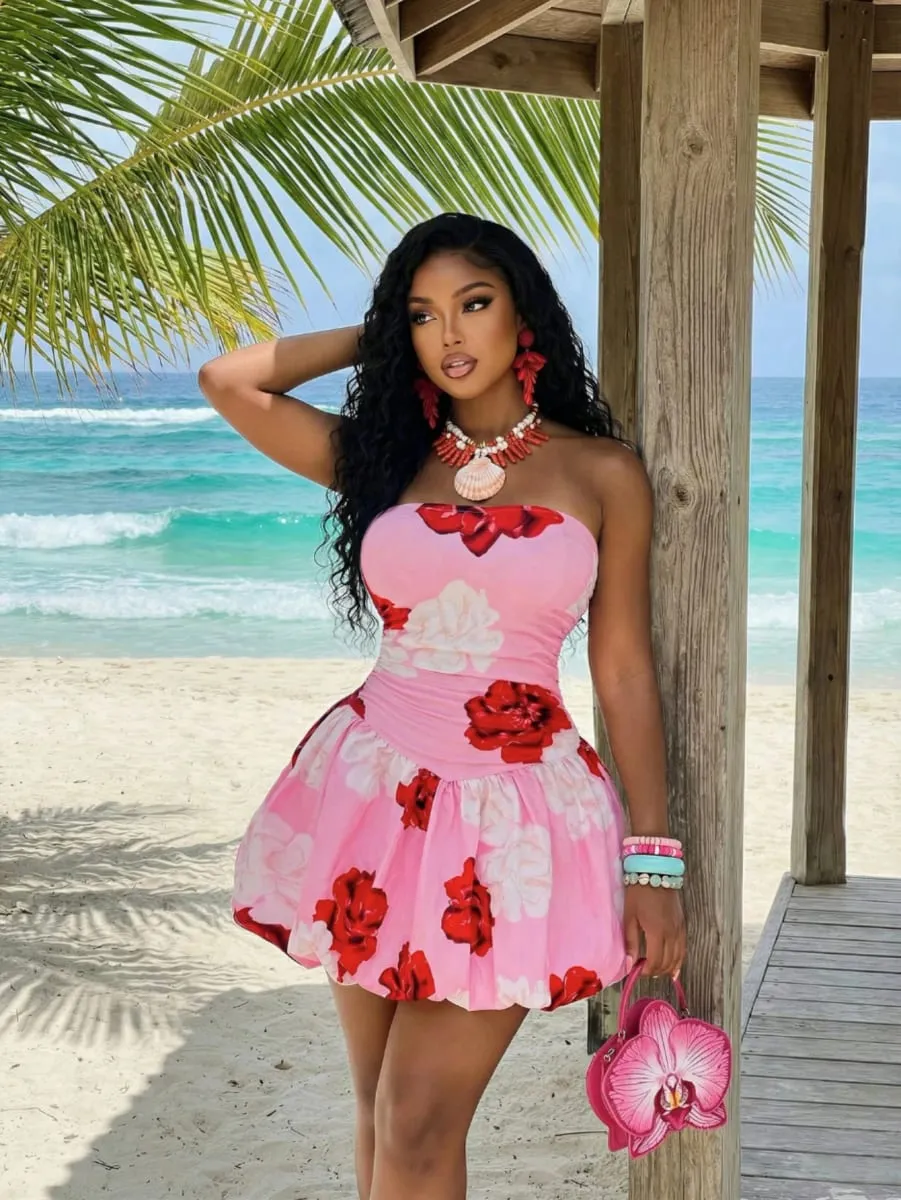 Women Strapless Floral Print Mini Dress Ruched Waist Flared Skirt Bodycon Dress For Beach Holiday Party Occasion