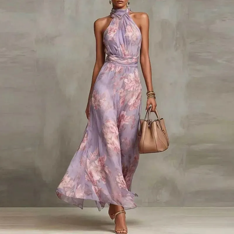 Elegant Halter Off Shoulder Hollow Party Woman Retro Floral Print Chiffon Long Vintage Boho Sleeveless Summer Beach Dresses