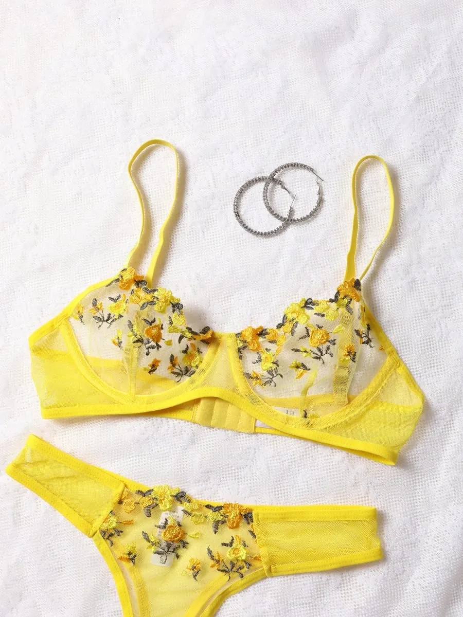 Women Sexy Lace Lingerie Push Up Lingerie Bra And Panty Sets Female Underwear Flower Embroidery Bralette Set