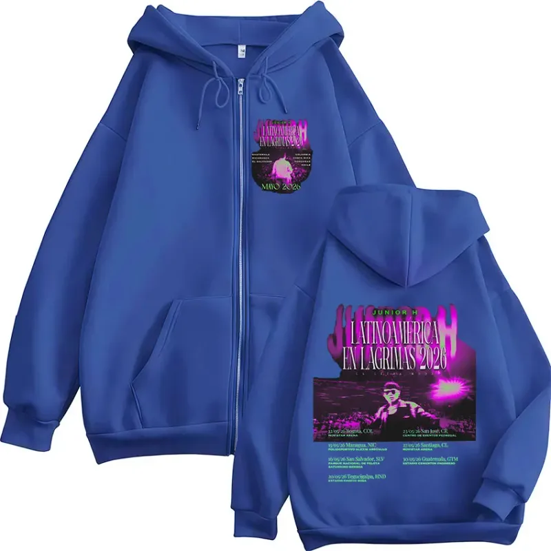 Junior H Latinoamerica En Lagrimas Tour 2026 Zipper Hoodies Men's Women Fashion Casual Zip Up Sweatshirts Pullovers Streetwear