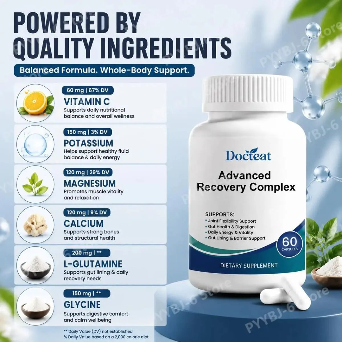 Advanced Recovery Complex 60 Capsules with L Glutamine Glycine Lysine Digestive Enzymes for Gut Health Daily Wellness Support