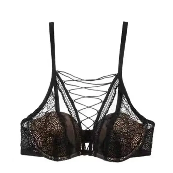 French Sexy Lingerie Set Soft Underwire Push Up Bra for Small Chest Deep Gather Lace Up Cutout Pure Look CA MOYISU Sexy Tushy