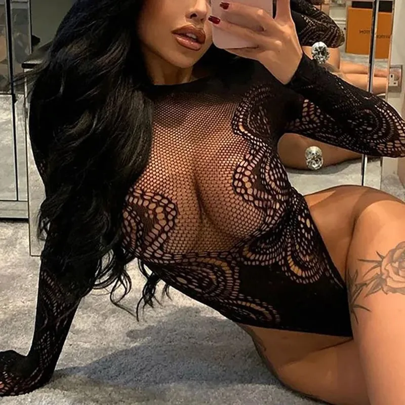 Letní jednodílné body Dámské Sexy síťované spodní prádlo s dutým tělem Bez ramen Lesklé kamínky Teddy body s dlouhým rukávem