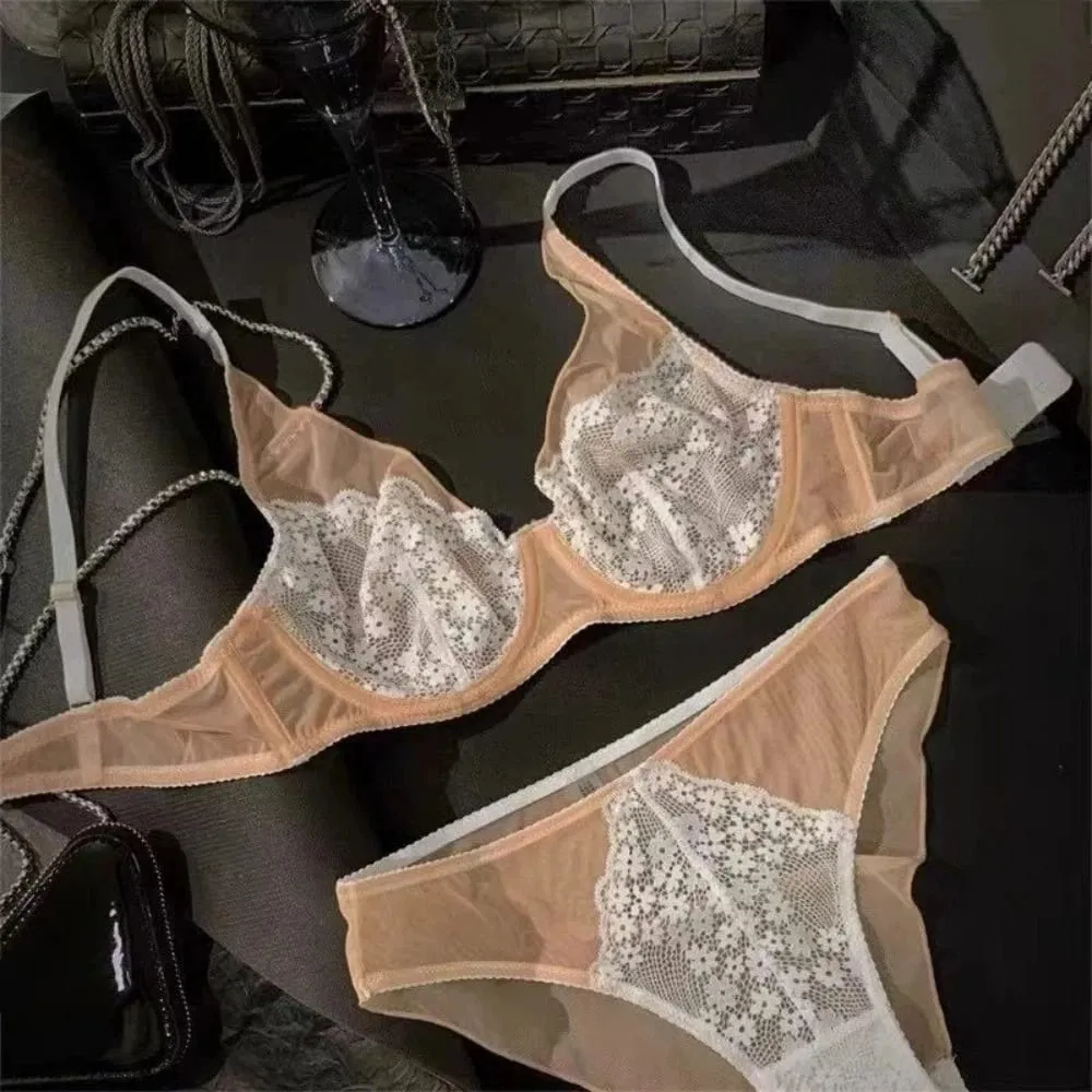 Sweet Mesh Lace Flower Bra Set Brassiere Underwear Push Up Bra Women Seamless Lingerie Lace Floral Underpants Girl