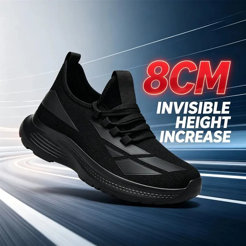 Men All Black Breathable Mesh Elevator Shoes 8Cm Invisible Height Increase Non Slip Casual Sports Daily Walking Workout Sneakers
