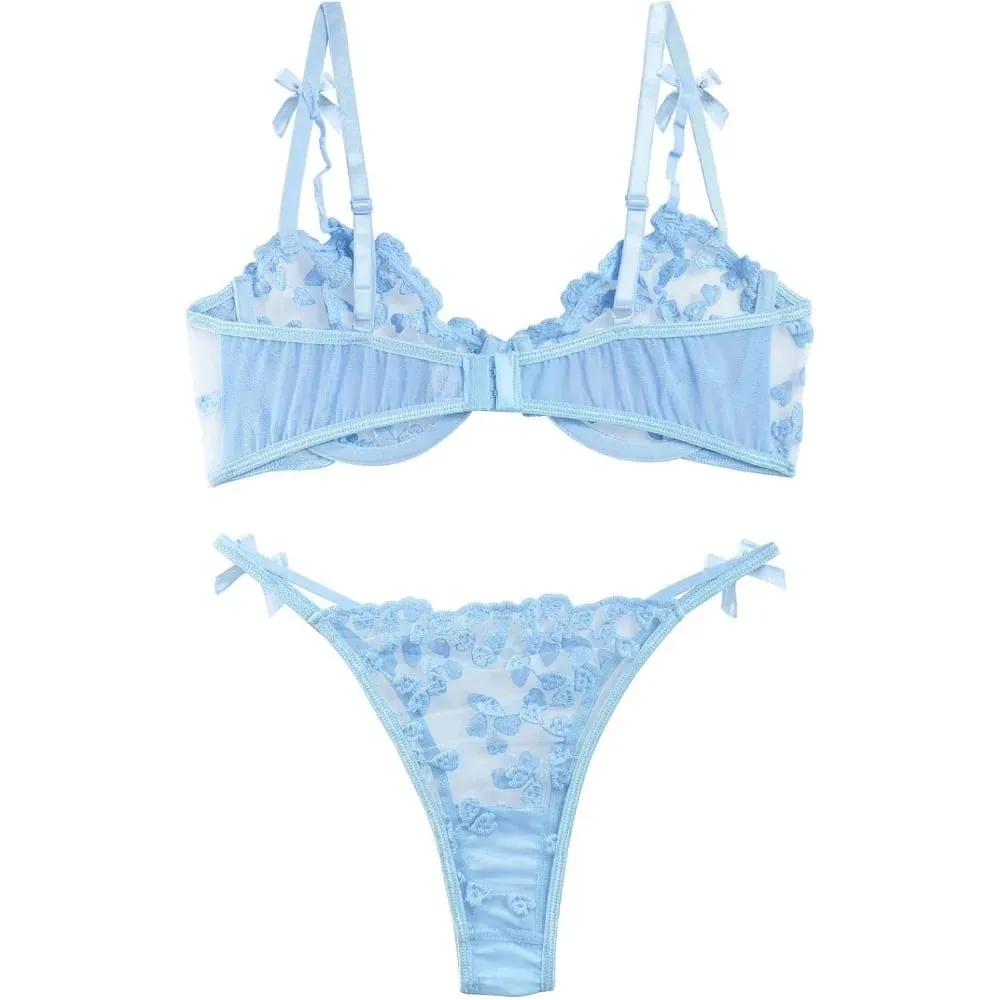 Women's Underwire Push-Up Sheer Lingerie Set – Strappy Embroidered Mesh Bra & Panty