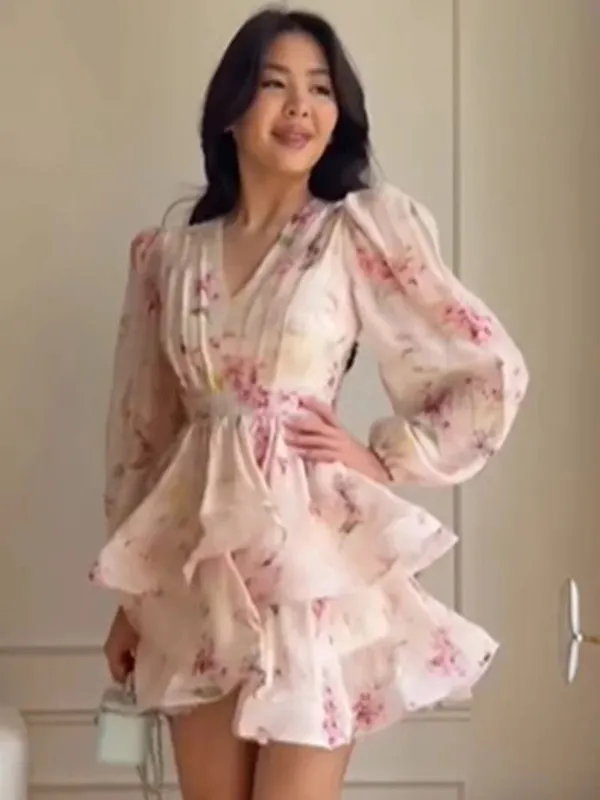 Sweetheart Neck Fruffle Chiffon Dress Women's Pink Floral Print Ruffle Full Sleeve Short Dresses 2026 Lady Party Wear Summer New