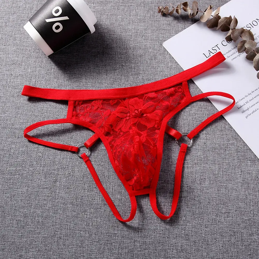 Sous-vêtements Sexy pour hommes, string, Lingerie exotique, culotte en dentelle transparente, pochette ajourée, motif floral, ceinture réglable — image 7