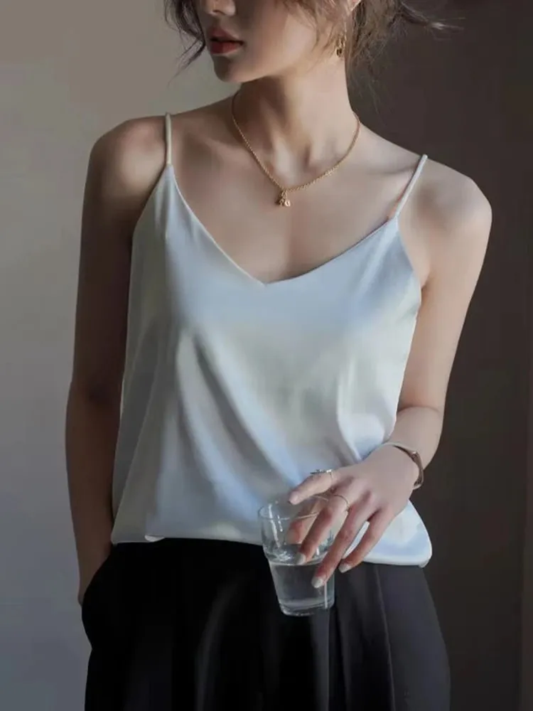 Women Halter V Neck Basic White Cami Spaghetti Strap Top Sleeveless Satin Silk 2026 Tank Tops Women'S Summer Camisole
