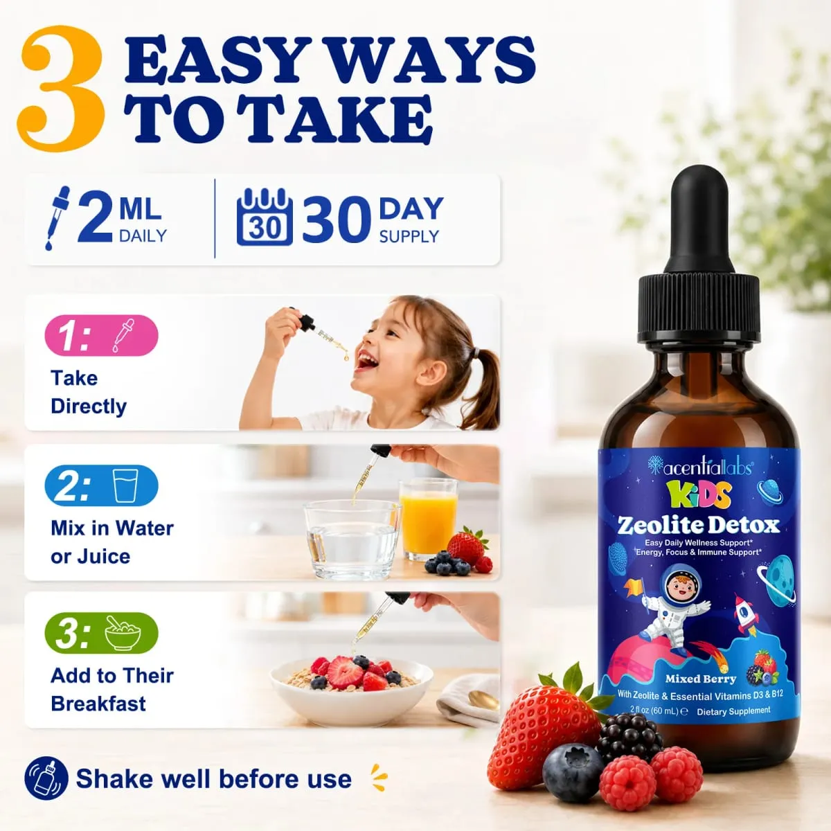 Kids Zeolite Detox Drops with Vitamin B12 & D3 Immune Energy & Bone Health Support for Growing Children Berry Flavor 60mL
