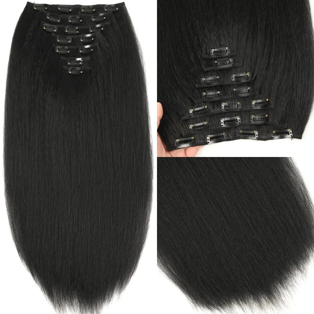 Synthetic Kinky Straight Clip in Hair Extensions 7pcs 16Clips Yaki Straight Clip Ins 22Inch/55cm Full Head Hair Extensions