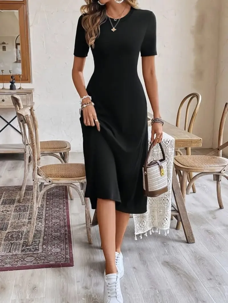 Slim Round Neck Short Sleeve Hanging A-Line Mid Length Skirt Daily Commuting Dress Simple And Elegant Women's Fashion — image 5