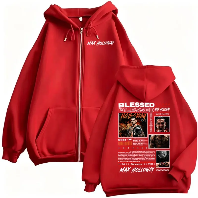 Max Holloway Blessed Retro Zip Up Hoodies Men's Harajuku Streetwear Sweatshirt Jacket Coats Bodywarmer Cozy Fleece Zipper Hoodie