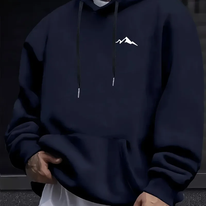 Men's autumn and winter casual fashion loose mountain print long sleeved hooded sweatshirt warm pullover