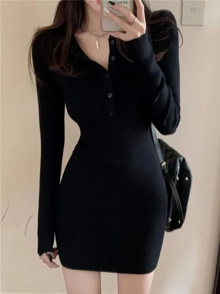 Mini Robe pour femme, col en V, boutons, pull Sexy, élégant, moulante, manches longues, jupe courte, taille unie, automne hiver