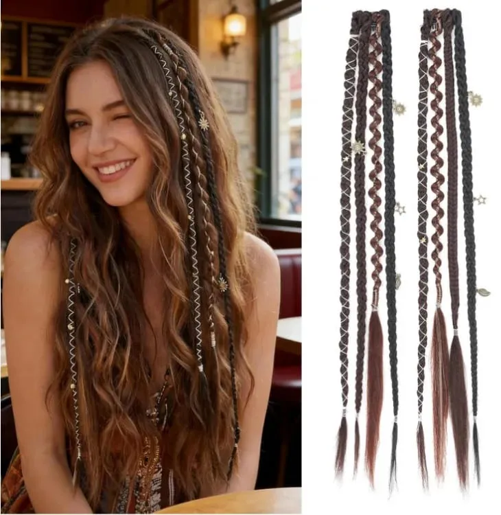 2PCS Synthetic 20Inch Bohemian Braided Ponytail Hair Extensions With Metal Charms Brown Mix Burgundy Handmade Box Braid Ponytail