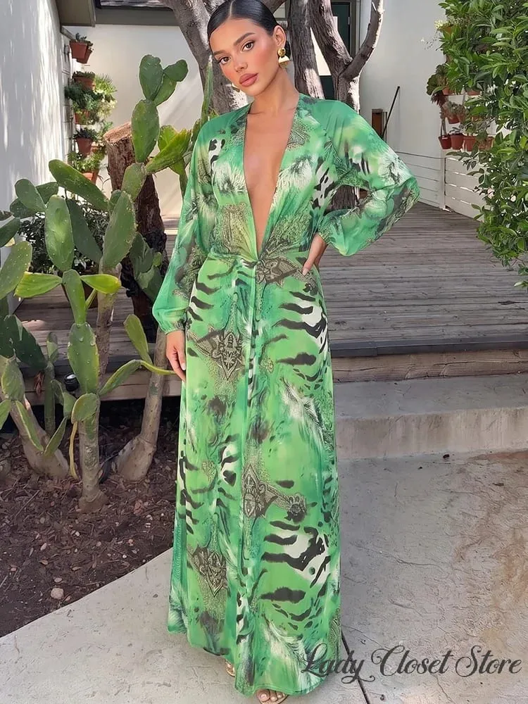 Woman Tiger Stripe Print Deep V-neck Dress Sexy Backless Long Sleeve Dresses 2026 Summer Vacation Beach Party Elegant Vestidos