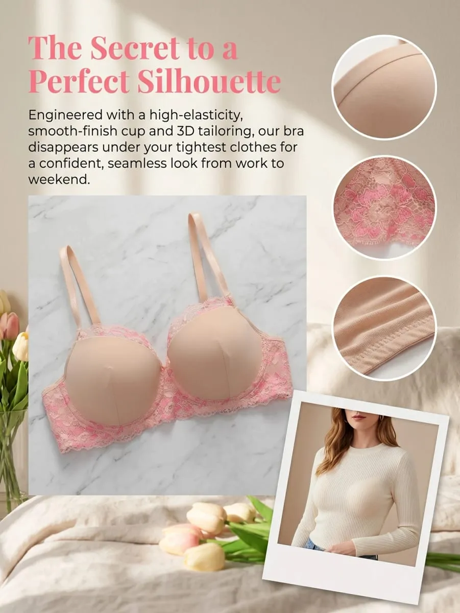 Women's Push Up Bra Set with Eyelash Lace Set Trim High Elasticity Smooth Cup 3D Tailoring Invisible Underwear Set B2631