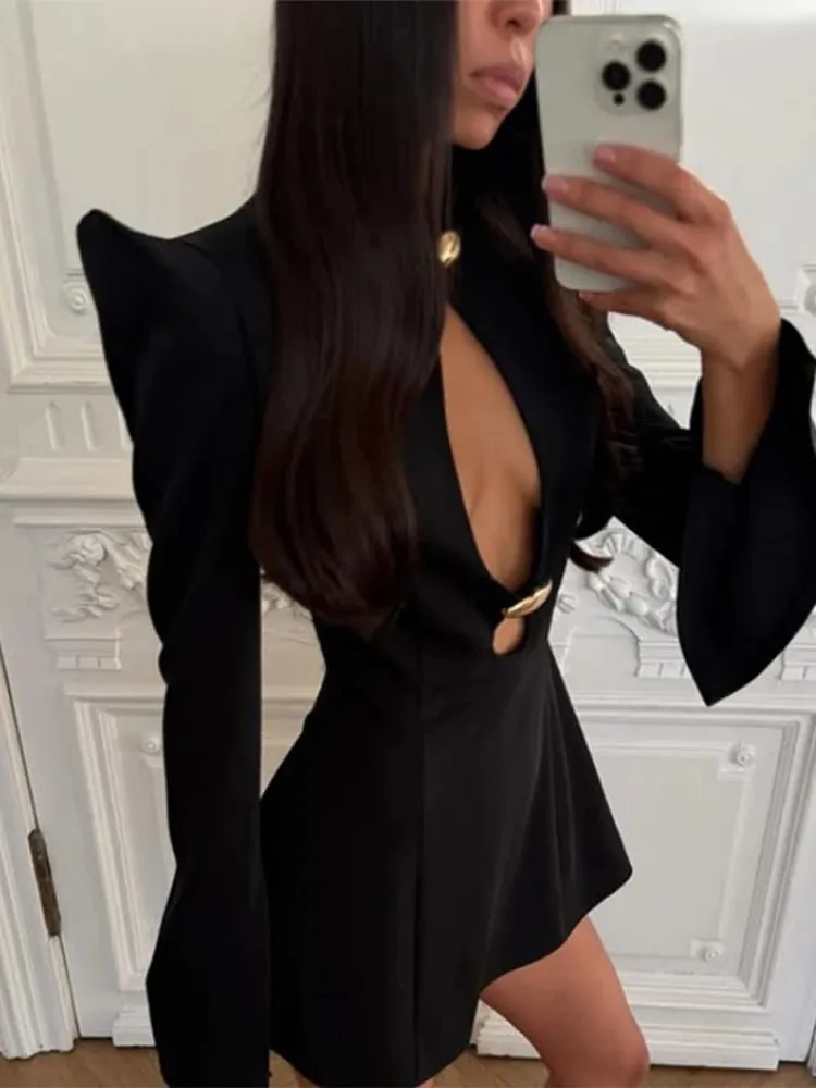 Black Hollow Out Mini A-line Dress Women Sexy Round Neck Full Sleeve Waist Cinching Short Dresses 2025 Lady Chic Party Club Robe