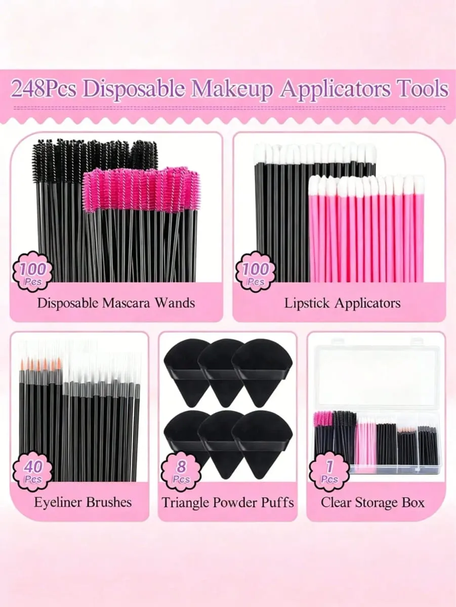 248Pcs Disposable Makeup Tool Set With Storage Box Triangle Makeup Sponges Eyelash Brushes Lip Brushes Eyeliner Brushes