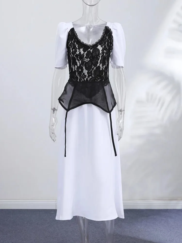 Lace Spliced Satin Midi Dress Waist Cinched Peplum V-Neck Puff Sleeve 2026 Summer Elegant Women Gown Causal Fashion Lady Vestido