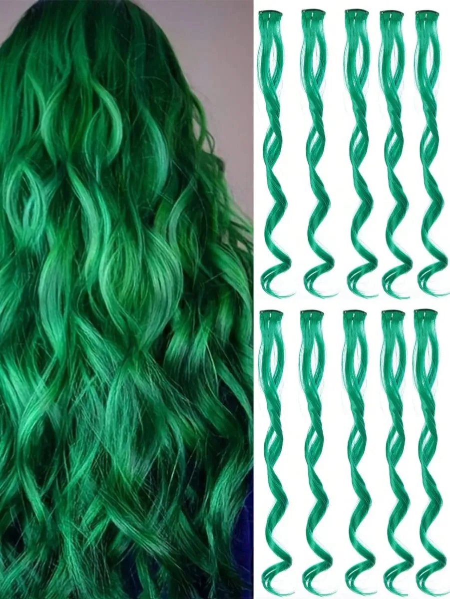 10pcs Colorful Hair Extensions Curly One Clip in Synthetic Long Hairpiece For Girls Women Multi-colors Party Highlights WigPiece