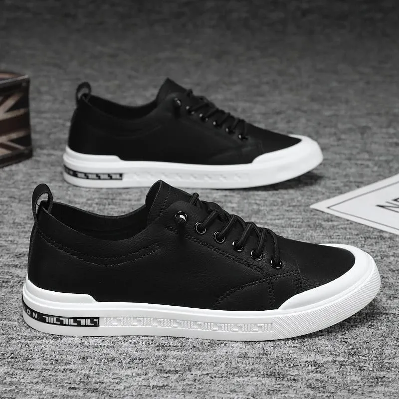 Men'S White Faux Leather Casual Sneakers Low Top Slip On Design Elastic Laces Comfortable Non Slip Sole Versatile Fashionable Sk