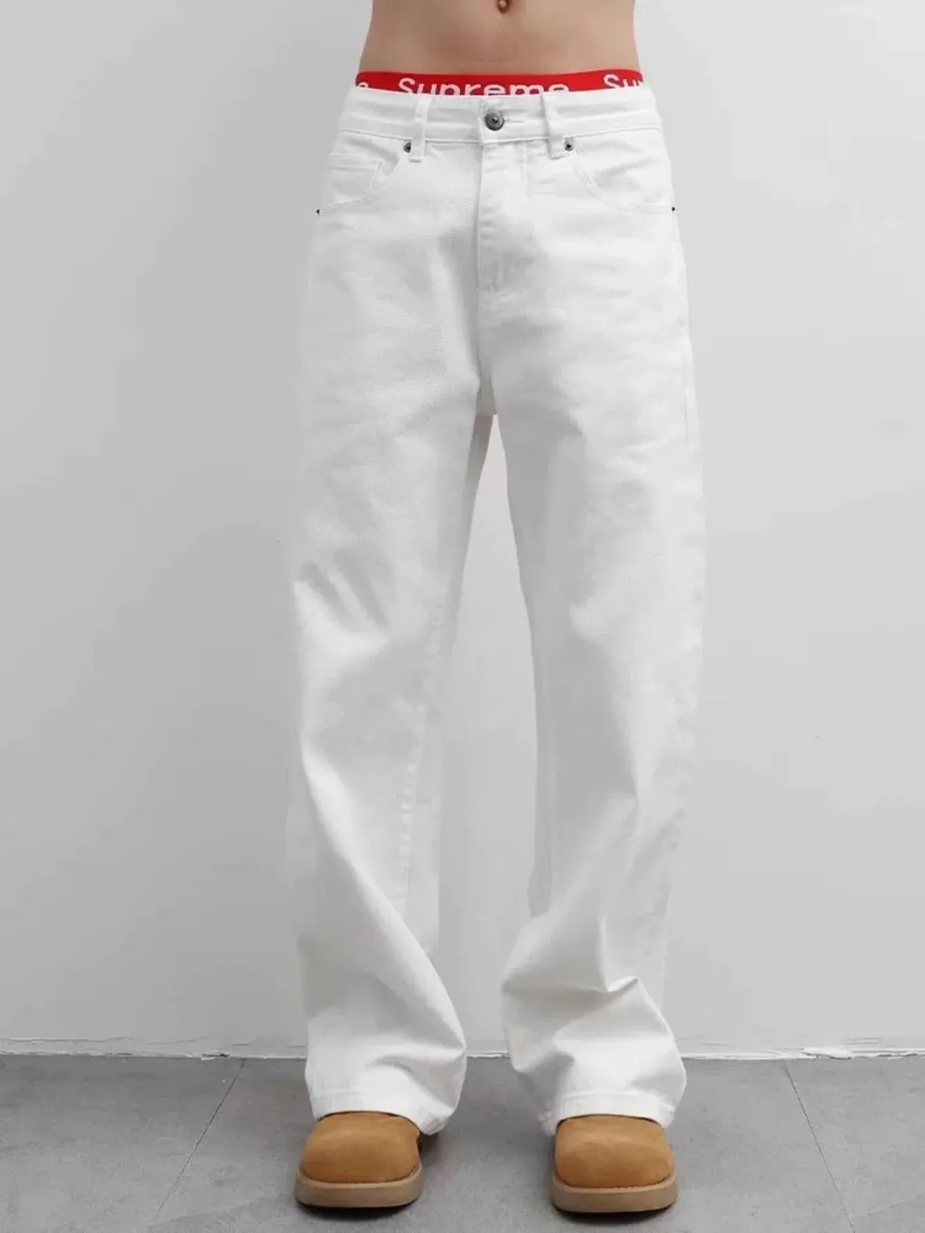 【HME】Men's Jeans | Street Fashion Denim Pants Solid White Flared‑Leg Denim Trousers With Fine Craft Stitching Versatile Casual Pants Well‑Built Denim Bottoms Trendy Male Denim Apparel For Multiple Daily Occasions