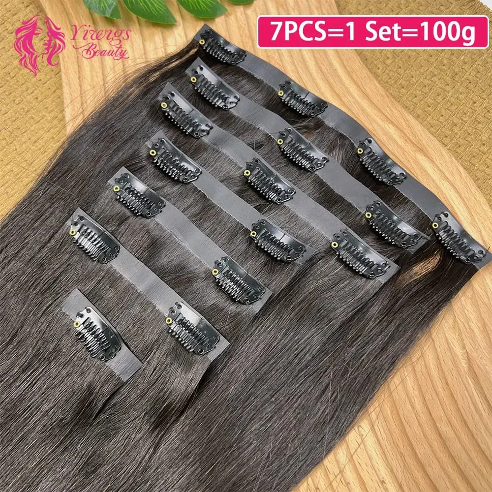 15A Seamless Invisible PU Clip in Hair Extensions Human Hair Natural Black Straight 100% Raw Virgin Human Hair 100g 7Pcs/Set