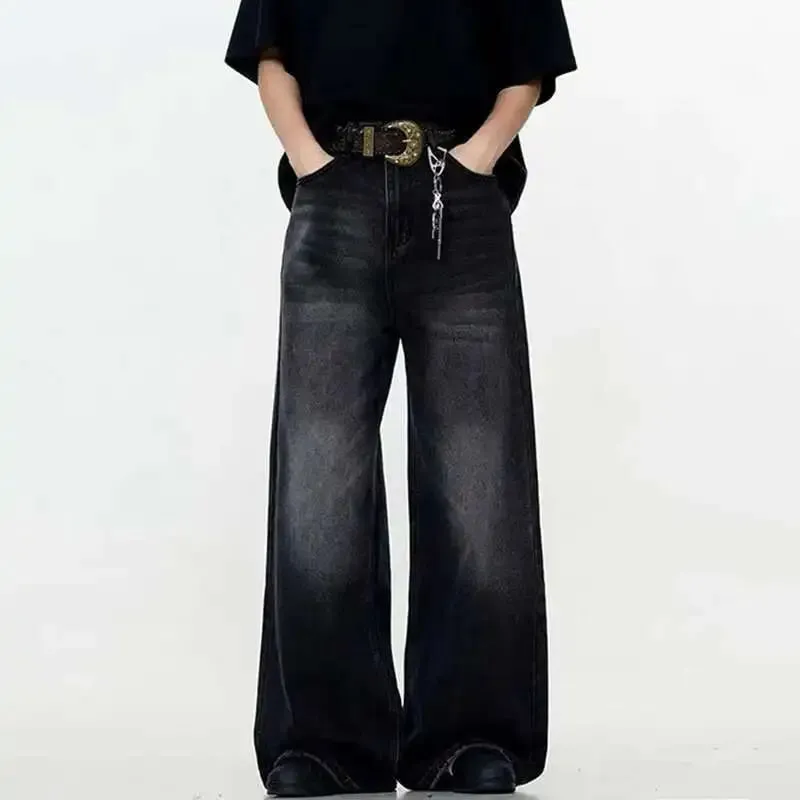 Simple Men's Denim Trousers Solid Color Washing American Style Casual Pants Straight Leg Baggy Male Jeans Spring 9W667