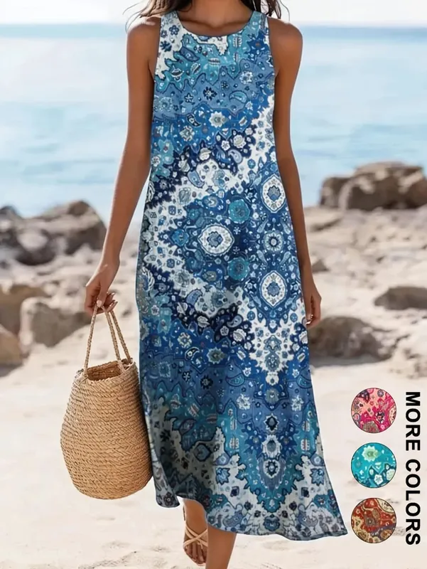 Women's Casual Dress with a Round Neck Sleeveless Featuring Paisley Pattern Print Leisure Bohemian Trendy V-neck Ankle-length