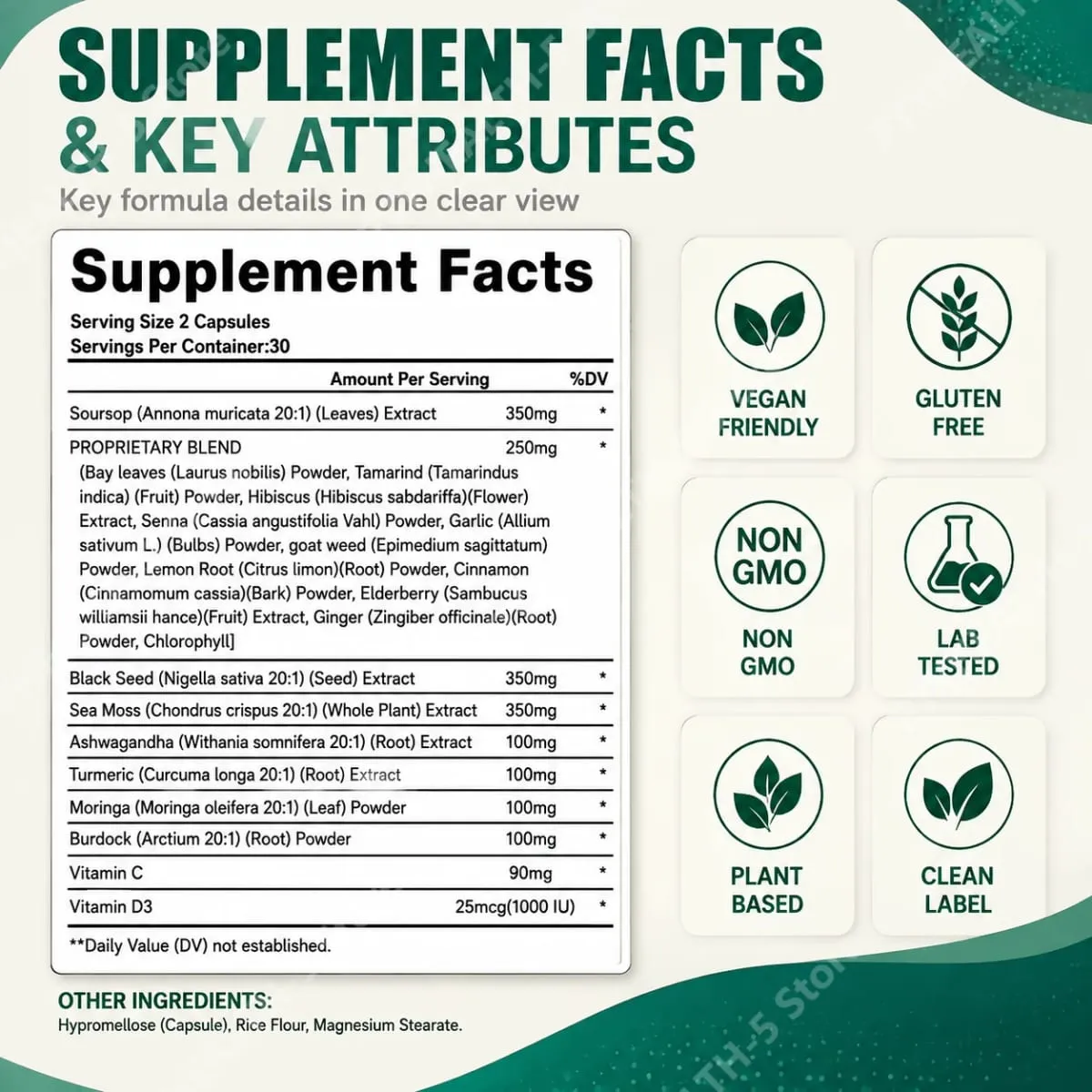20‑IN‑1 Irish Sea Moss Capsules with Soursop Vitamin C & Vitamin D3 Immune Health & Digestive Support Plant‑Based 60 Capsules